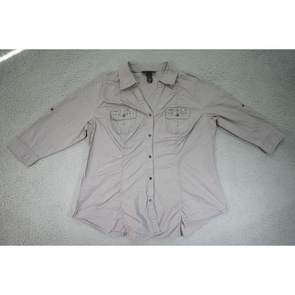 Lane Bryant Button Up Shirt Women's 14 Gray‎ Rhinestones 3/4 Sleeve